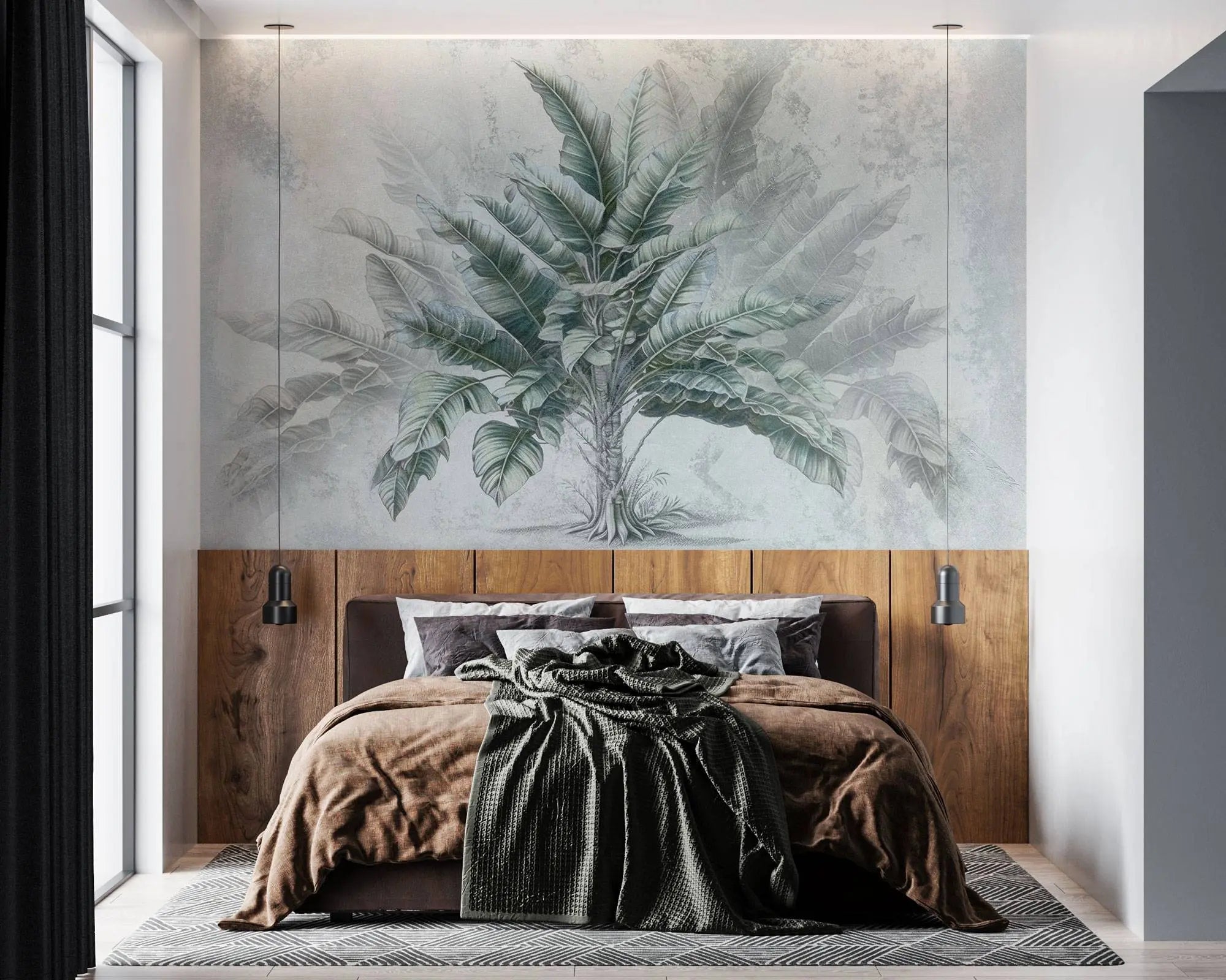 Tapet personalizat leaf cu copac tropical cu frunze in nuante de verde pe un fundal gri deschis dreamy tropical tree