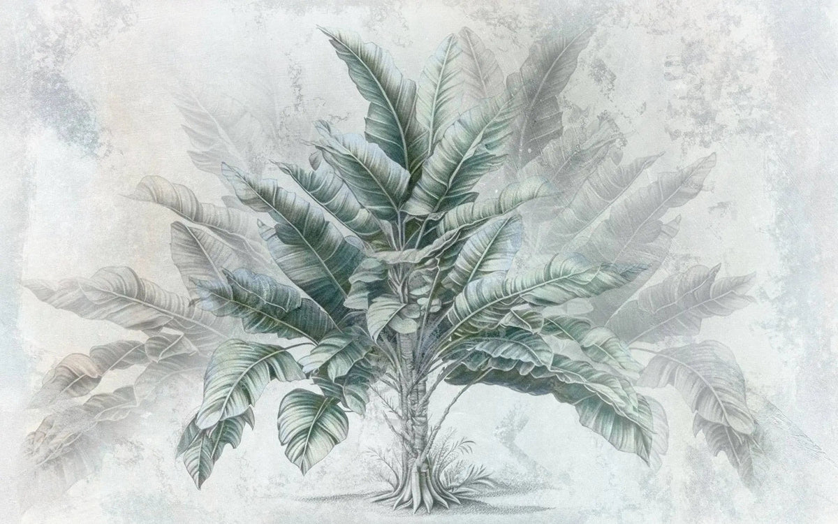 Tapet personalizat leaf cu copac tropical cu frunze in nuante de verde pe un fundal gri deschis dreamy tropical tree