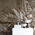Tapet personalizat leaf cu frunze tropicale exotice in nuante inchise de maro sepia dark sepia leaves