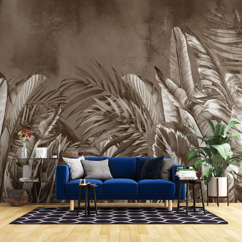 Tapet personalizat leaf cu frunze tropicale exotice in nuante inchise de maro sepia dark sepia leaves