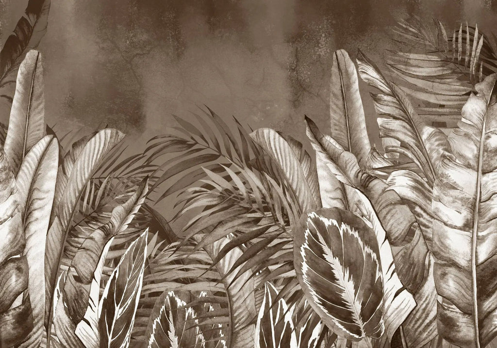Tapet personalizat leaf cu frunze tropicale exotice in nuante inchise de maro sepia dark sepia leaves