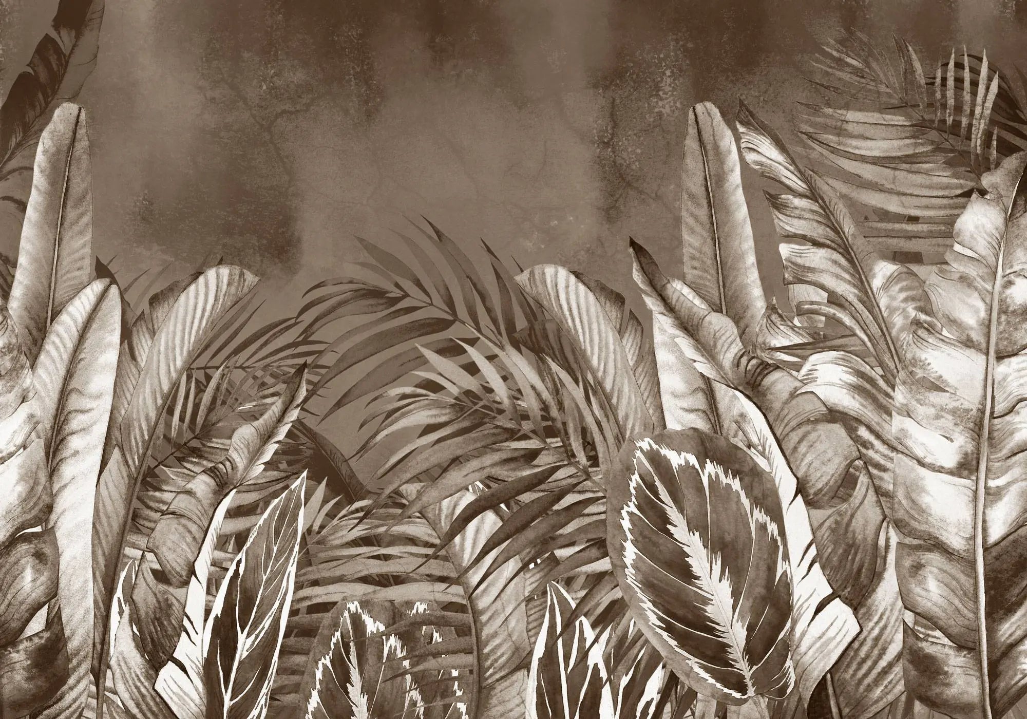 Tapet personalizat leaf cu frunze tropicale exotice in nuante inchise de maro sepia dark sepia leaves