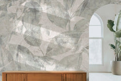 Tapet personalizat leaf cu pattern frunze verzi fade pe un fundal bej rozaliu faded green pattern