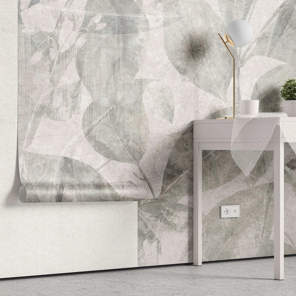 Tapet personalizat leaf cu pattern frunze verzi fade pe un fundal bej rozaliu faded green pattern