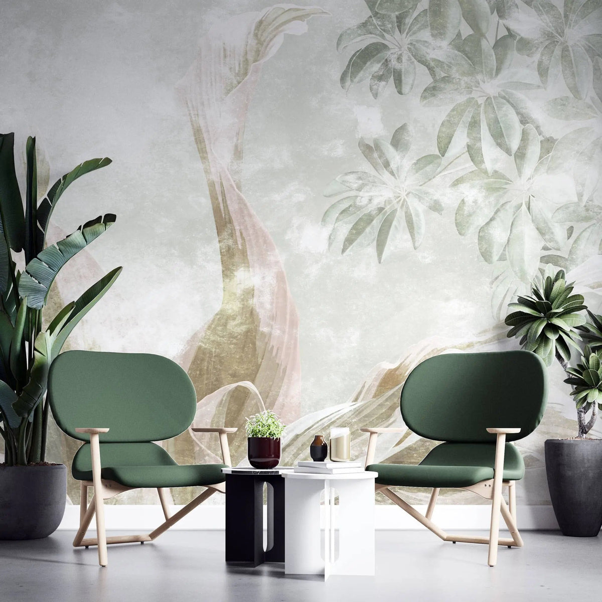 Tapet personalizat leaf cu frunze tropicale in nuante fade de verde pe un fundal deschis faded exotic