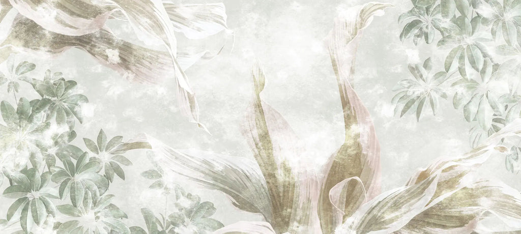 Tapet personalizat leaf cu frunze tropicale in nuante fade de verde pe un fundal deschis faded exotic