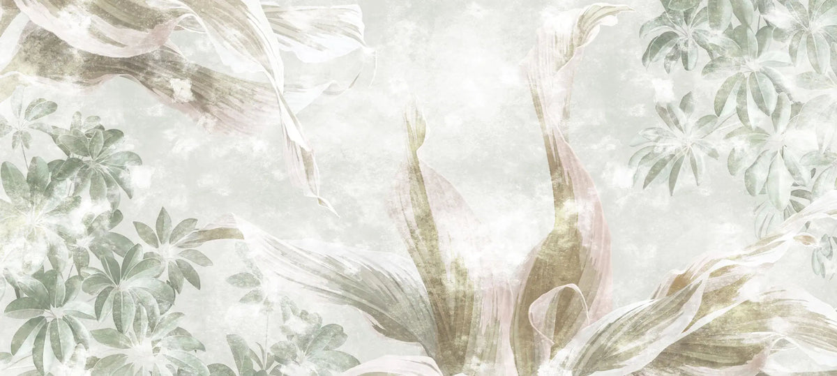 Tapet personalizat leaf cu frunze tropicale in nuante fade de verde pe un fundal deschis faded exotic