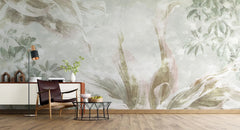 Tapet personalizat leaf cu frunze tropicale in nuante fade de verde pe un fundal deschis faded exotic