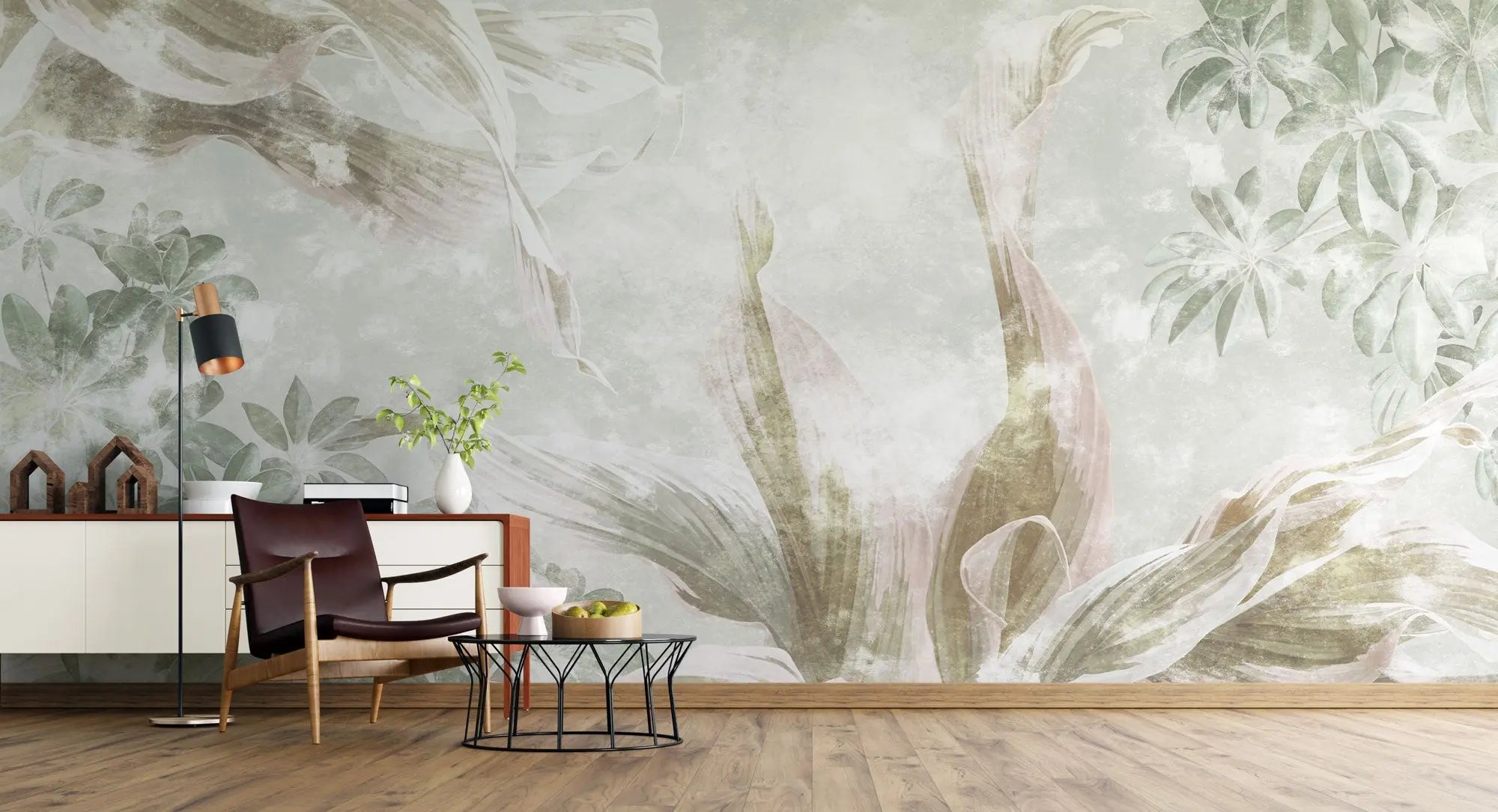 Tapet personalizat leaf cu frunze tropicale in nuante fade de verde pe un fundal deschis faded exotic