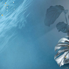 Tapet personalizat leaf cu frunze de monstera si plante tropicale in nuante de gri si albastru underwater monstera