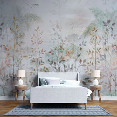 Tapet personalizat leaf cu frunze aramii si copaci intr un fundal cu plante tropicale leaf paradise