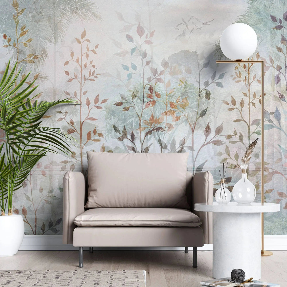 Tapet personalizat leaf cu frunze aramii si copaci intr un fundal cu plante tropicale leaf paradise