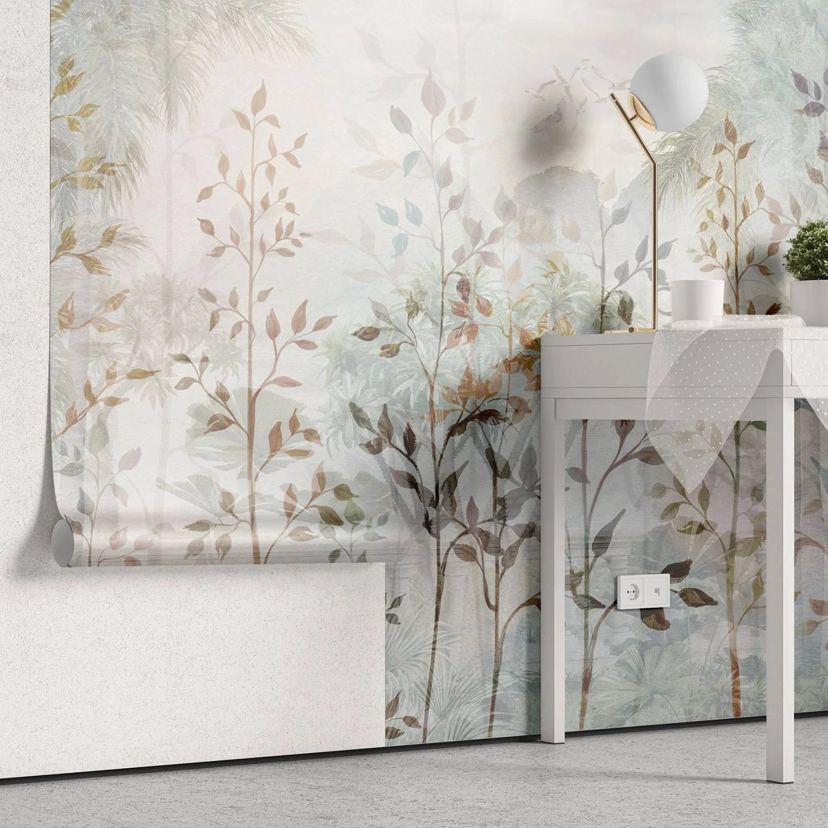Tapet personalizat leaf cu frunze aramii si copaci intr un fundal cu plante tropicale leaf paradise