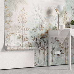Tapet personalizat leaf cu frunze aramii si copaci intr un fundal cu plante tropicale leaf paradise