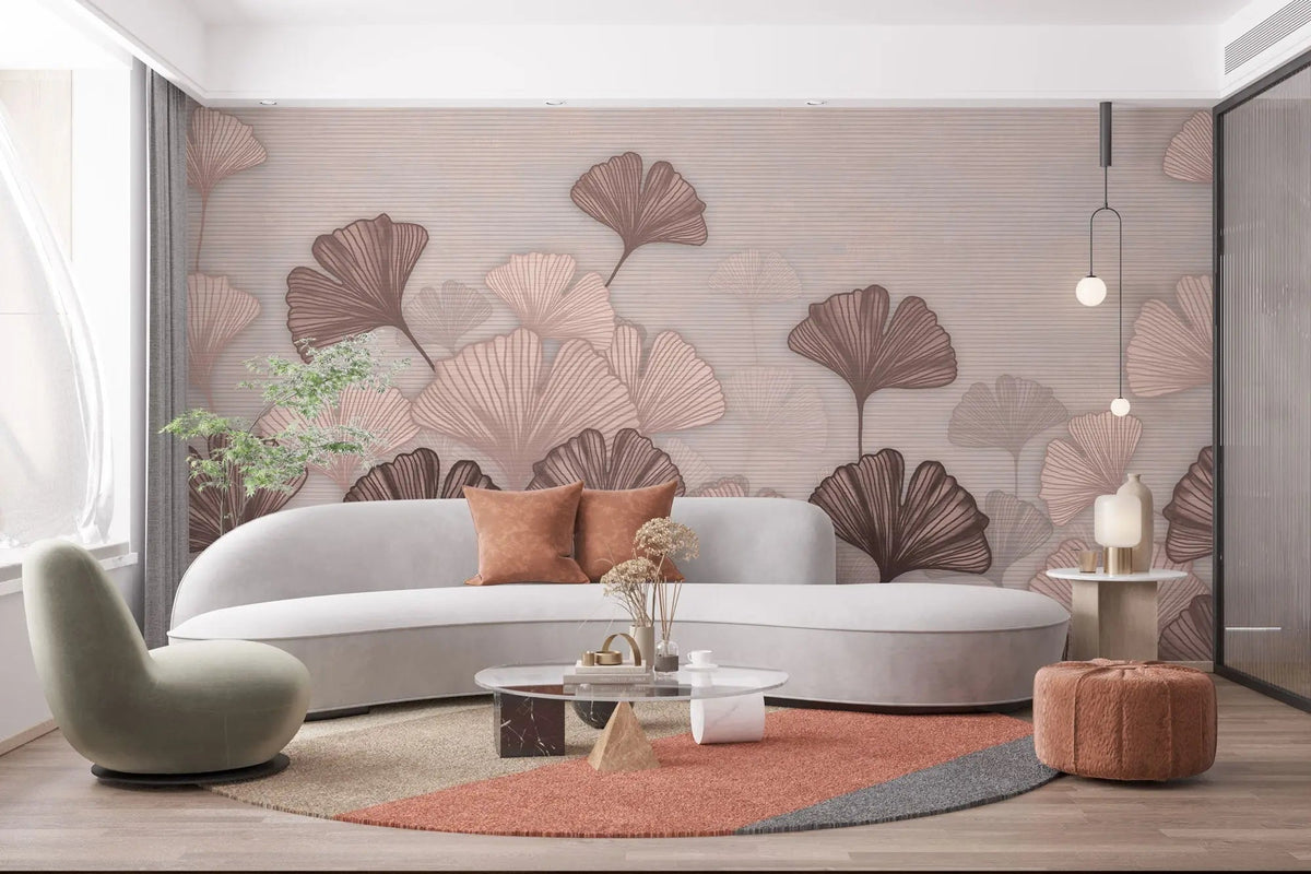 Tapet personalizat leaf cu frunze roz de ginkgo biloba si fundal texturat pink ginkgo