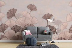 Tapet personalizat leaf cu frunze roz de ginkgo biloba si fundal texturat pink ginkgo