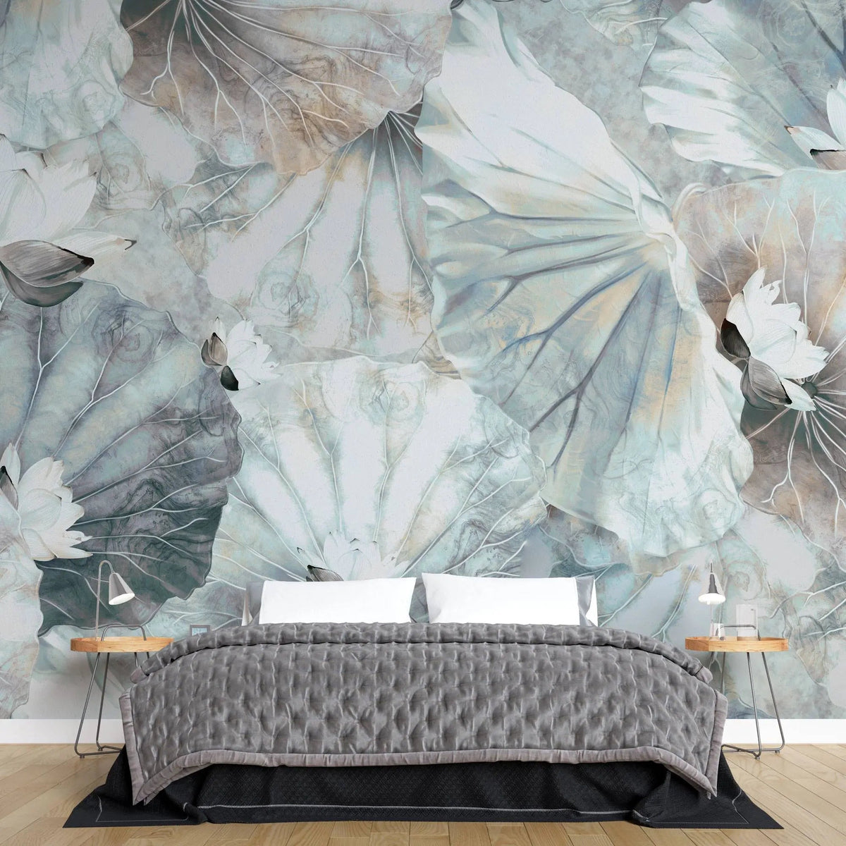 Tapet personalizat leaf cu frunze albastre si flori albe de lotus blue lotus