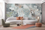 Tapet personalizat leaf cu frunze albastre si flori albe de lotus blue lotus