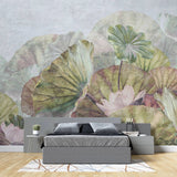 Tapet personalizat leaf cu frunze roz si flori albe de lotus  pink green lotus