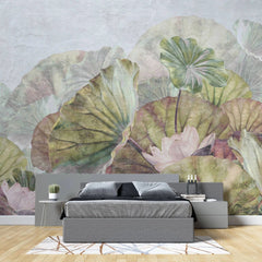 Tapet personalizat leaf cu frunze roz si flori albe de lotus  pink green lotus