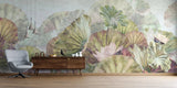 Tapet personalizat leaf cu frunze roz si flori albe de lotus  pink green lotus