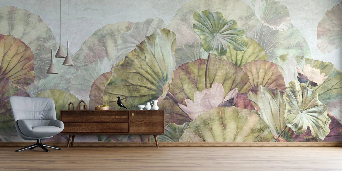 Tapet personalizat leaf cu frunze roz si flori albe de lotus  pink green lotus