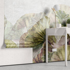 Tapet personalizat leaf cu frunze roz si flori albe de lotus  pink green lotus
