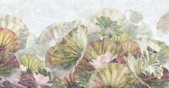 Tapet personalizat leaf cu frunze roz si flori albe de lotus  pink green lotus