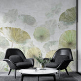 Tapet personalizat leaf cu frunze verzi si flori roz de lotus white green lotus
