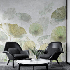 Tapet personalizat leaf cu frunze verzi si flori roz de lotus white green lotus