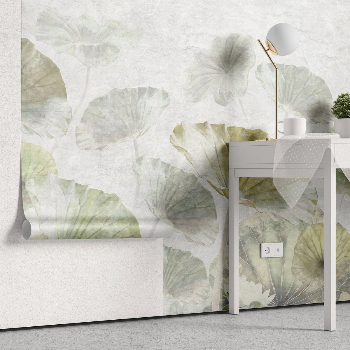 Tapet personalizat leaf cu frunze verzi si flori roz de lotus white green lotus