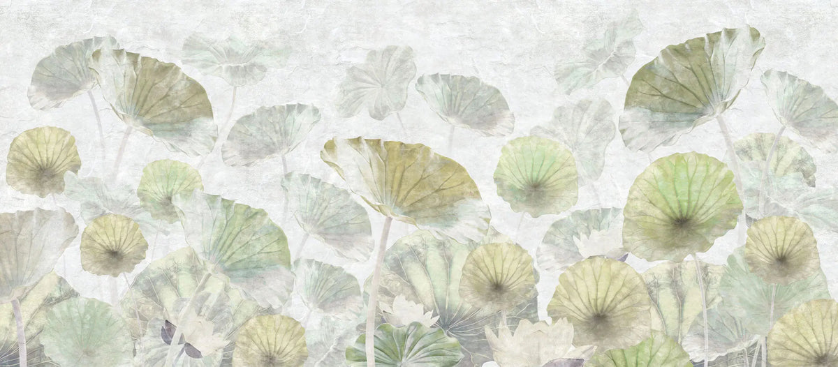 Tapet personalizat leaf cu frunze verzi si flori roz de lotus white green lotus