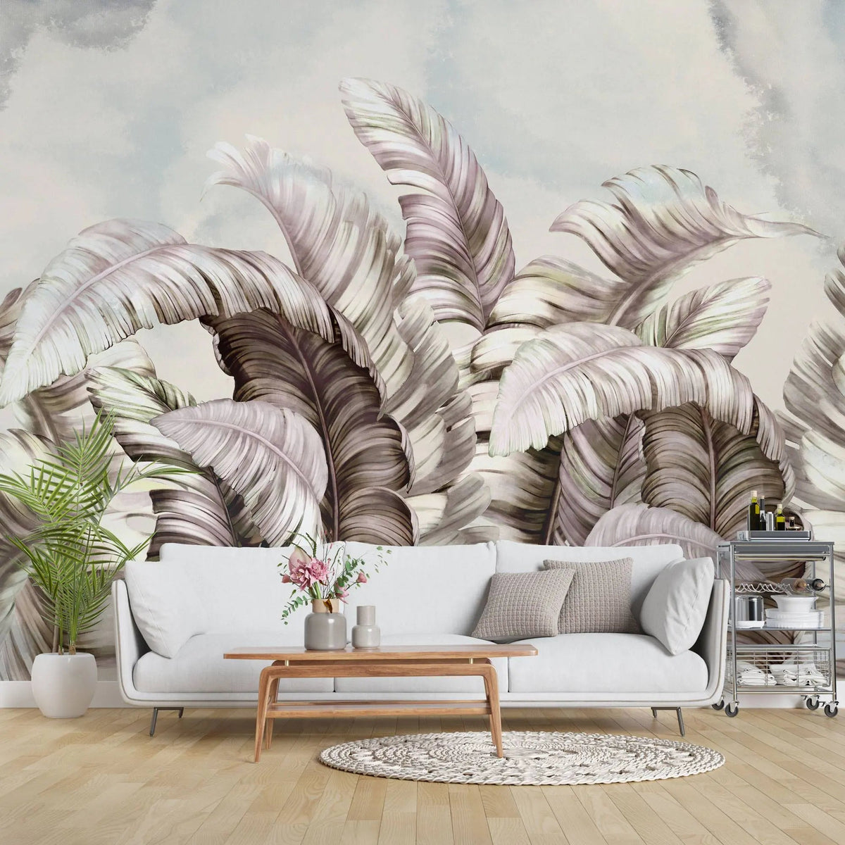 Tapet personalizat leaf cu frunze tropicale roz si albe cu fundal watercolor white tropical
