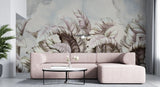 Tapet personalizat leaf cu frunze tropicale roz si albe cu fundal watercolor white tropical