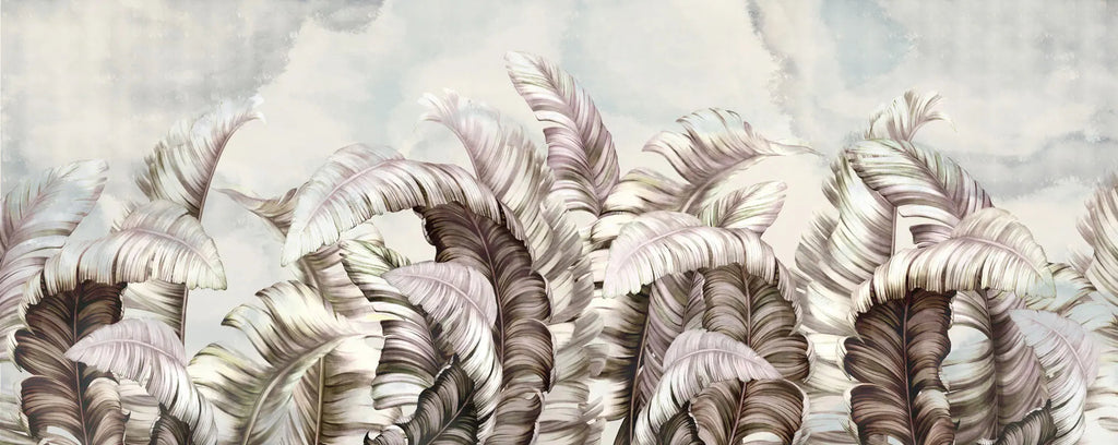 Tapet personalizat leaf cu frunze tropicale roz si albe cu fundal watercolor white tropical