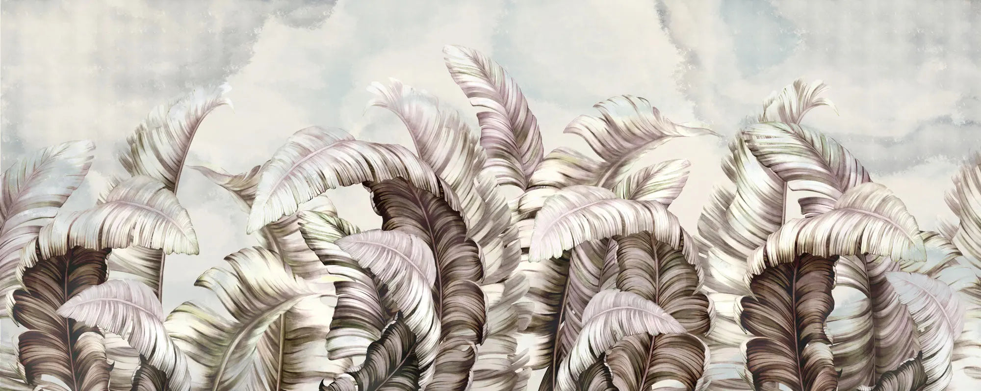 Tapet personalizat leaf cu frunze tropicale roz si albe cu fundal watercolor white tropical