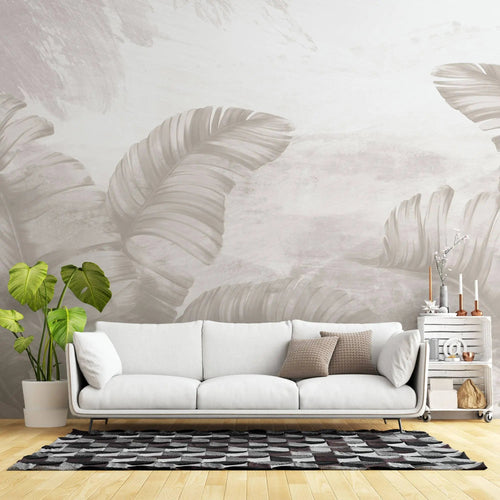 Tapet personalizat leaf cu frunze tropicale in nuante de bej faded palms