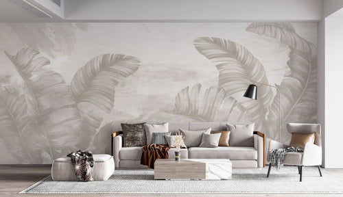 Tapet personalizat leaf cu frunze tropicale in nuante de bej faded palms