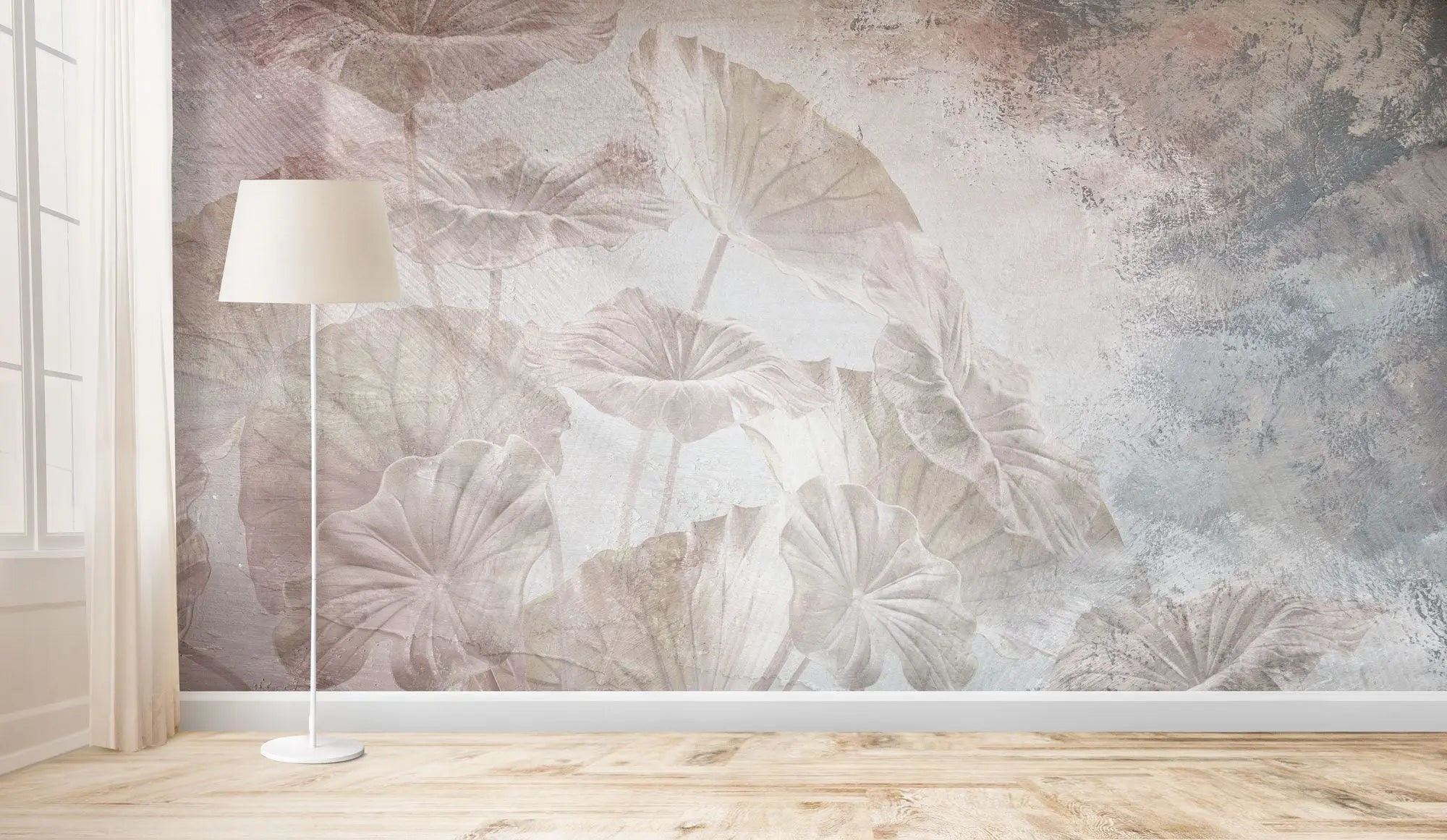 Tapet personalizat leaf cu frunze de lotus in nuante fine de roz si albastru paradise leaves