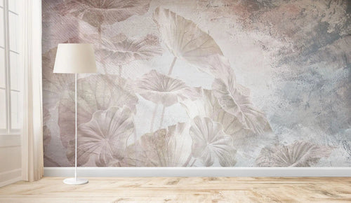 Tapet personalizat leaf cu frunze de lotus in nuante fine de roz si albastru paradise leaves