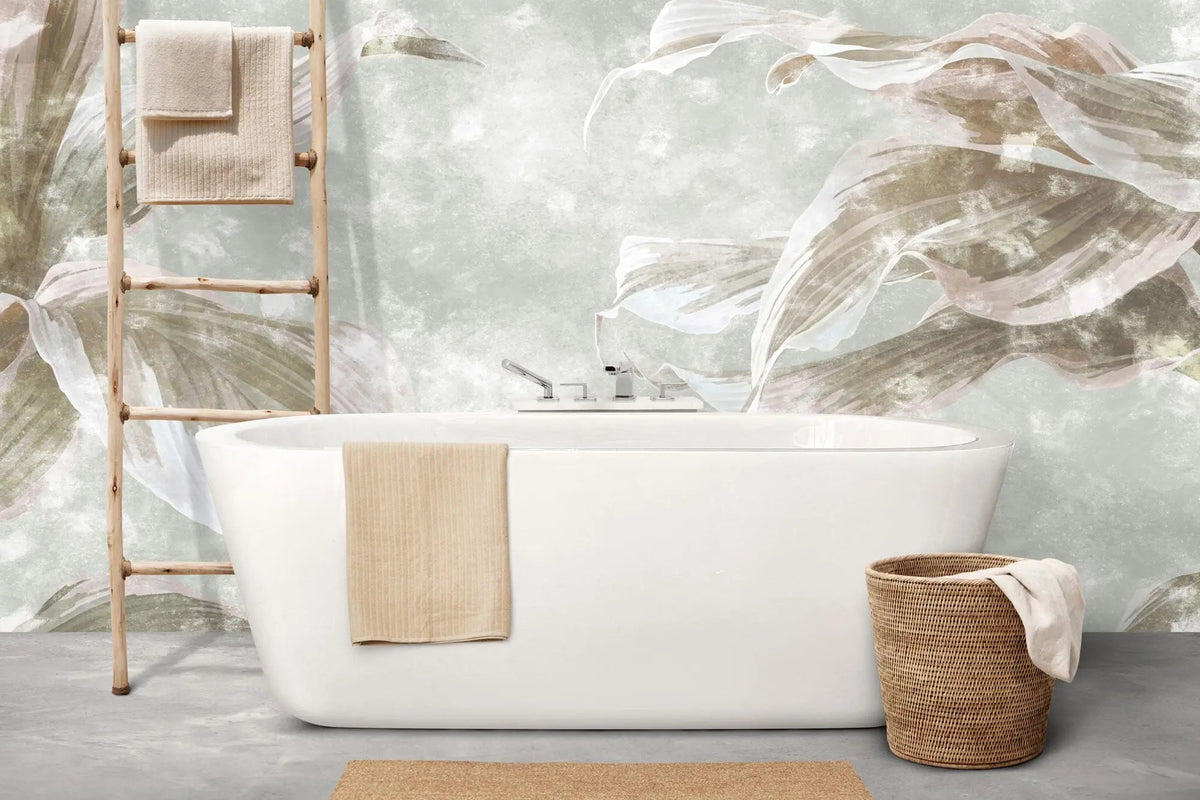 Tapet personalizat leaf cu frunze tropicale in nuante fade de verde pastel leaves