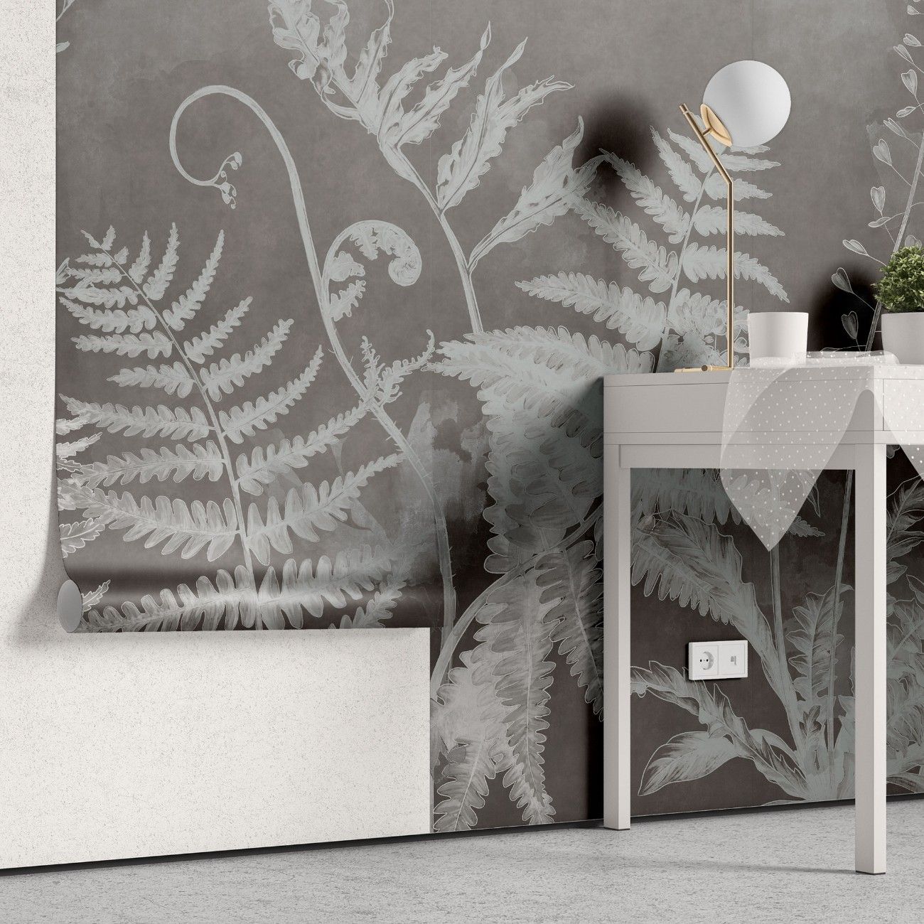 Tapet personalizat leaf cu frunze cu model de feriga in nuante de gri pe fundal intunecat aducand un plus de eleganta si mister inverse fern