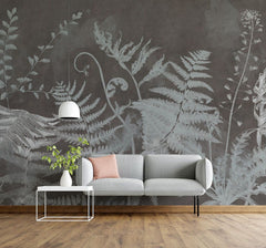 Tapet personalizat leaf cu frunze cu model de feriga in nuante de gri pe fundal intunecat aducand un plus de eleganta si mister inverse fern