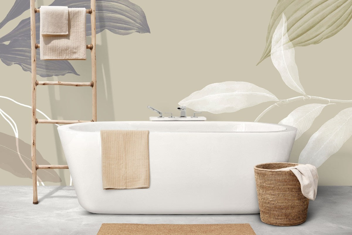 Tapet personalizat leaf cu frunze minimalist cu frunze stilizate in tonuri de bej si gri perfect pentru un design echilibrat si modern beige balance