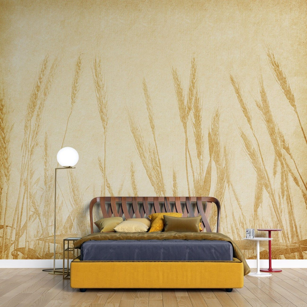 Tapet personalizat leaf cu frunze inspirat din campurile de grau cu spice aurii pe un fundal bej creand o atmosfera rustica si calda wheat