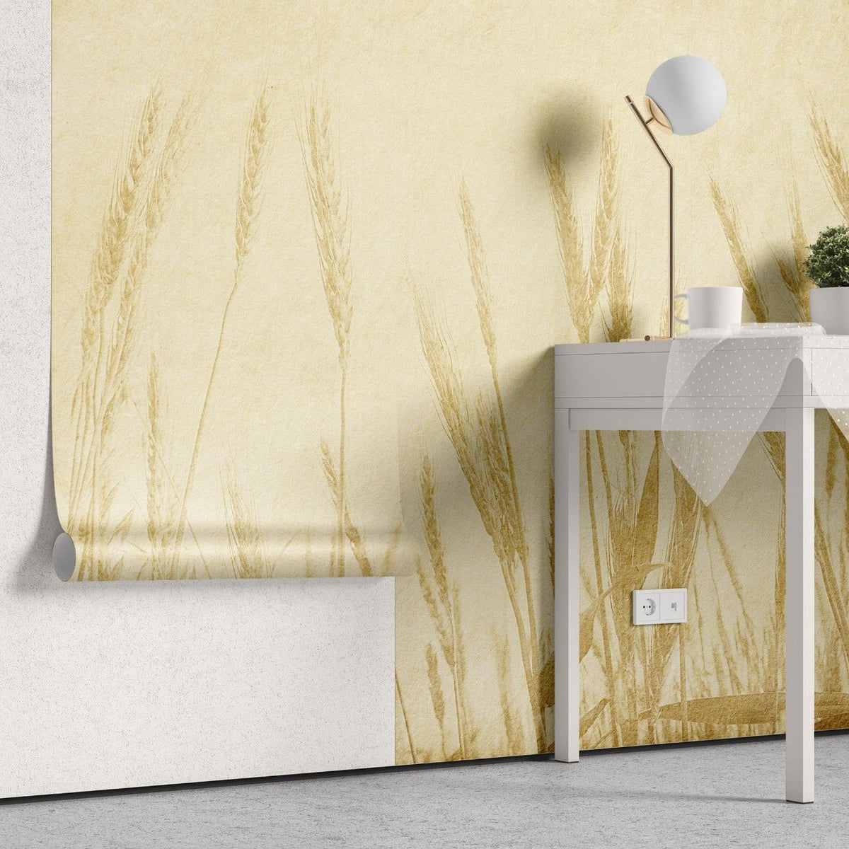 Tapet personalizat leaf cu frunze inspirat din campurile de grau cu spice aurii pe un fundal bej creand o atmosfera rustica si calda wheat