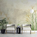 Tapet personalizat leaf cu frunze artistic cu iarba de trestie in culori naturale pe un fundal abstract cu nori inspirand liniste si natura delta