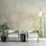 Tapet personalizat leaf cu frunze artistic cu iarba de trestie in culori naturale pe un fundal abstract cu nori inspirand liniste si natura delta