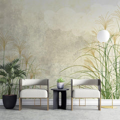 Tapet personalizat leaf cu frunze artistic cu iarba de trestie in culori naturale pe un fundal abstract cu nori inspirand liniste si natura delta