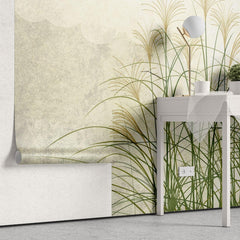 Tapet personalizat leaf cu frunze artistic cu iarba de trestie in culori naturale pe un fundal abstract cu nori inspirand liniste si natura delta